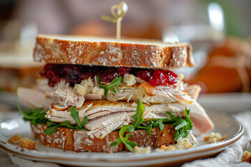 Turkey sandwich with stuffing and cranberry sauce. Freshly made from Thanksgiving or Christmas turkey leftovers on crusty wholemeal bread.