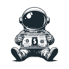 Cute astronaut hold a paper dollar bill. Black white vector. Icon and logo illustration. © Maryoto