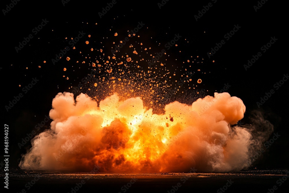 Poster a fiery explosion is captured with a dark background, emphasizing the bright flash and plumes of smo