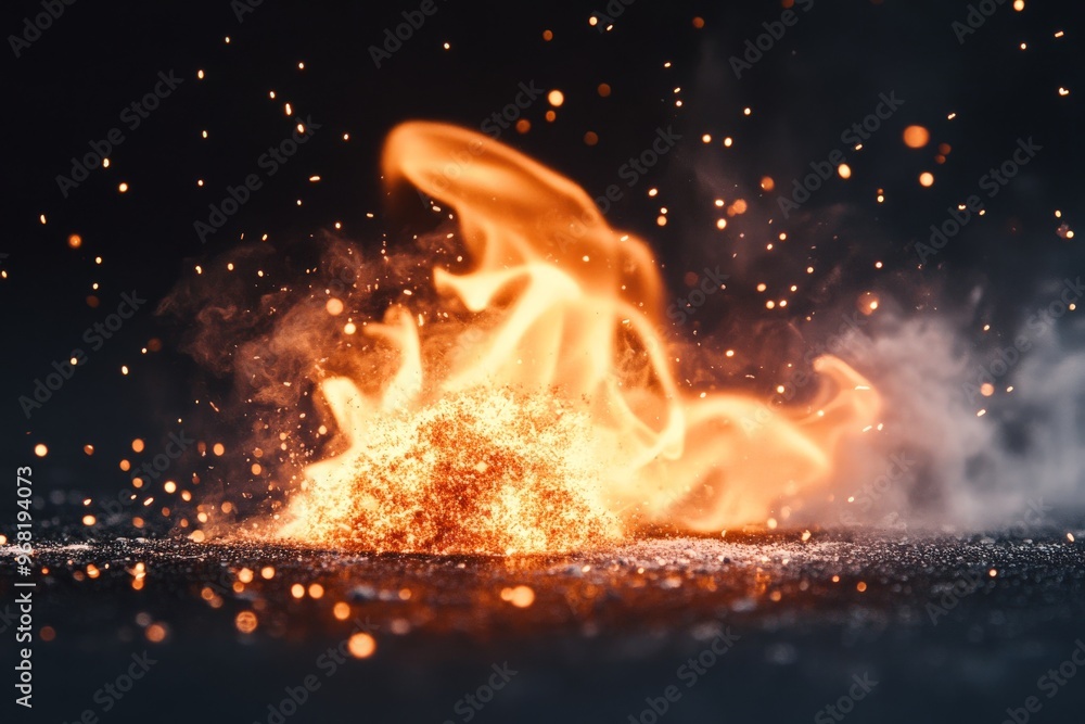 Poster this close-up image of an explosion showcases bright, glowing embers and swirling smoke, exuding raw