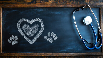 veterinary concept banner with stethoscope, pet paw prints, and heart shape on chalkboard for copy space, showcasing care and love for animals