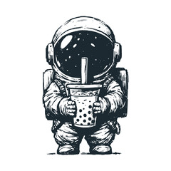 Cute astronaut drinking boba. Black white vector. Icon and logo illustration.