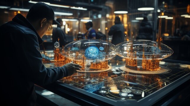 Blueprints of advanced spacecraft displayed on a holographic interface in a futuristic workshop