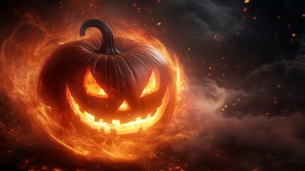 Naklejka premium Fiery Jack-O-Lantern Burning in a Vortex of Flames