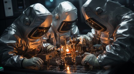 Scientists in protective gear collaborating on spacecraft design in a high-tech laboratory