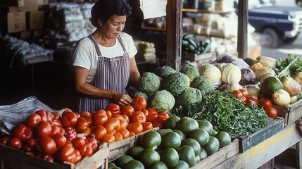 A vendor at an indoor farmers market offers a variety of fresh, locally grown vegetables for sale.