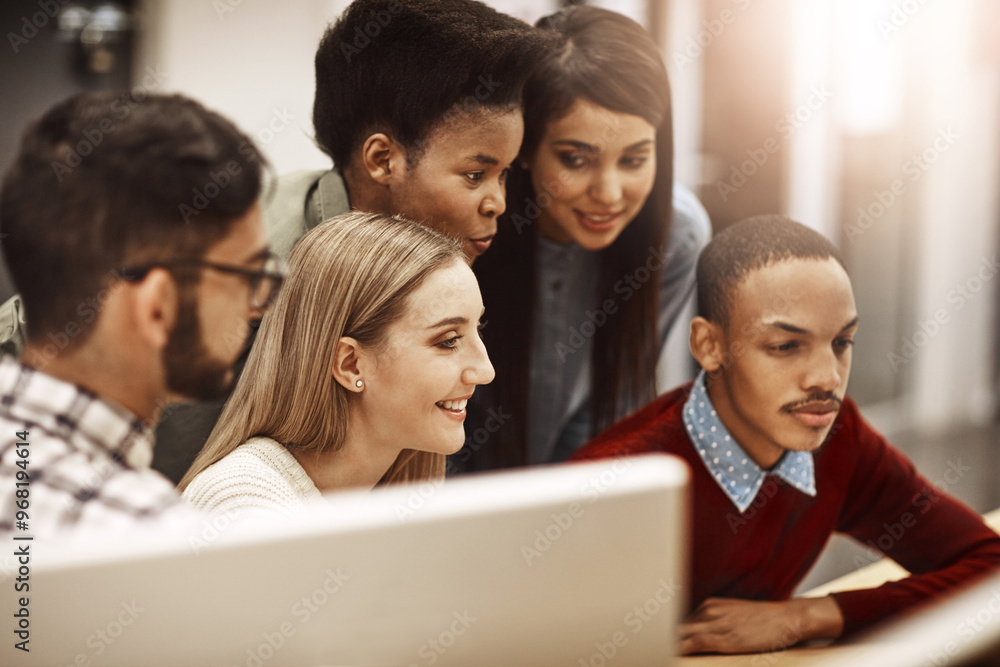 Aufkleber Computer, smile and students at library for research, knowledge and test results in college. University learning, happy friends and internet for education, project success and online exam report