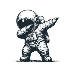 Cute astronaut with dabbing gesture pose. Black white vector. Icon and logo illustration. © Maryoto