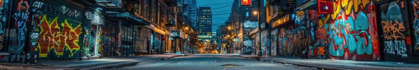 Urban alley at night filled with vibrant graffiti, capturing the essence of street art. Free copy space for banner.