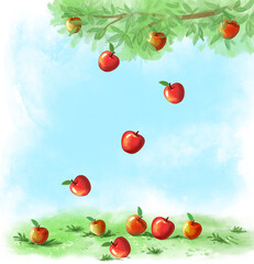 Watercolor illustration of falling apple