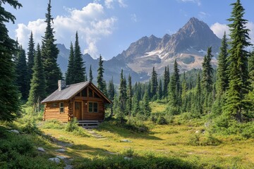 A remote and rustic cabin set in a lush green meadow surrounded by towering pine trees and high mountain peaks, showcasing the untouched beauty of the natural world.