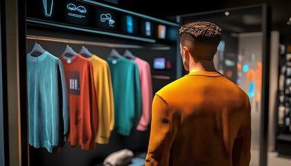 Obraz premium A stylish man explores a modern clothing store with colorful sweaters, showcasing contemporary fashion trends.