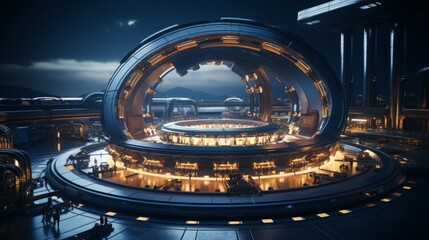 Futuristic factory producing advanced spaceship engines in a high-tech setting at night