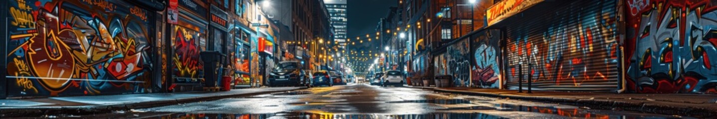 Urban alley at night filled with vibrant graffiti, capturing the essence of street art. Free copy space for banner.