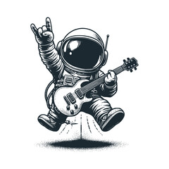 Cute astronaut playing a rock guitar . Black white vector icon and logo illustration. © Maryoto