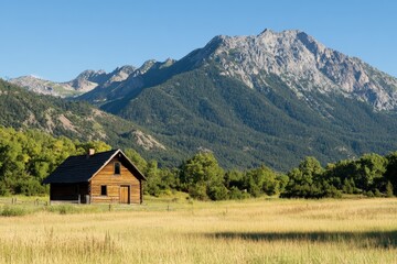 A quaint wooden cabin rests in a lush green valley, surrounded by majestic mountain views, reflecting the harmonious blend of nature's tranquility and rustic charm.