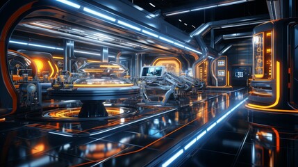 Futuristic spacecraft factory with advanced technology and illuminated assembly lines