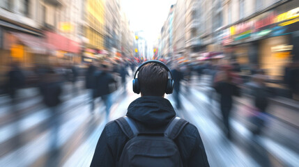 Man is escaping the city noise by listening to music with his headphones