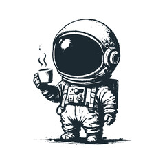 Cute astronaut hold a coffee cup. Black white vector icon and logo illustration.