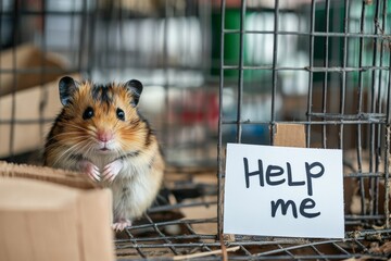 A solitary hamster inside its cage is holding a 'Help Me' sign, conveying a plea for assistance. The image features wood shavings and portrays the hamster's desperate need.