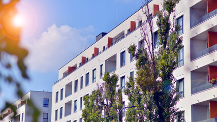 European residential architecture harmonizing with nature. Eco-friendly living in city with greens....
