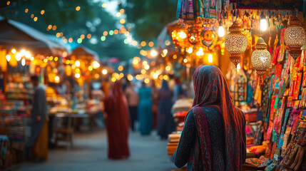Obraz premium Cultural Night Market With Glowing Lanterns And Handcrafted Textiles