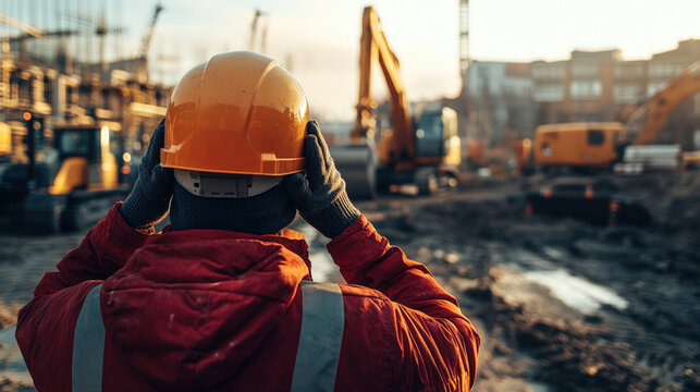Construction worker putting on his hard hat preparing to work at a noisy construction site