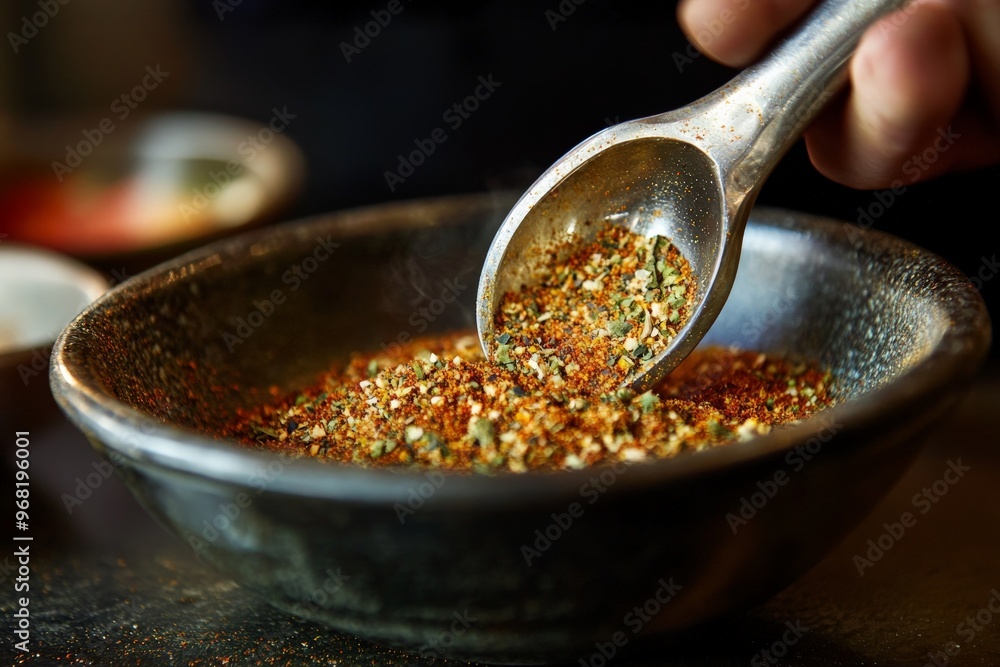 Poster A close-up image of a metallic spoon scooping a mix of colorful spices from a black bowl, capturing the essence of culinary creativity and the use of varied ingredients.