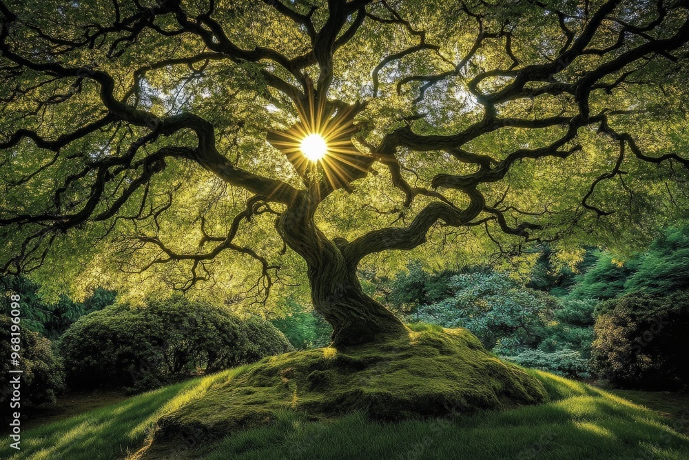Poster Sunlight brilliantly shines through the twisted branches of a majestic tree, creating a mesmerizing scene full of light and shadows, showcasing nature's beauty at its best.