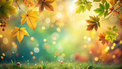 Fototapeta premium Autumn Nature Background with Falling Leaves and Bokeh, Vibrant Fall Colors, with Copy Space