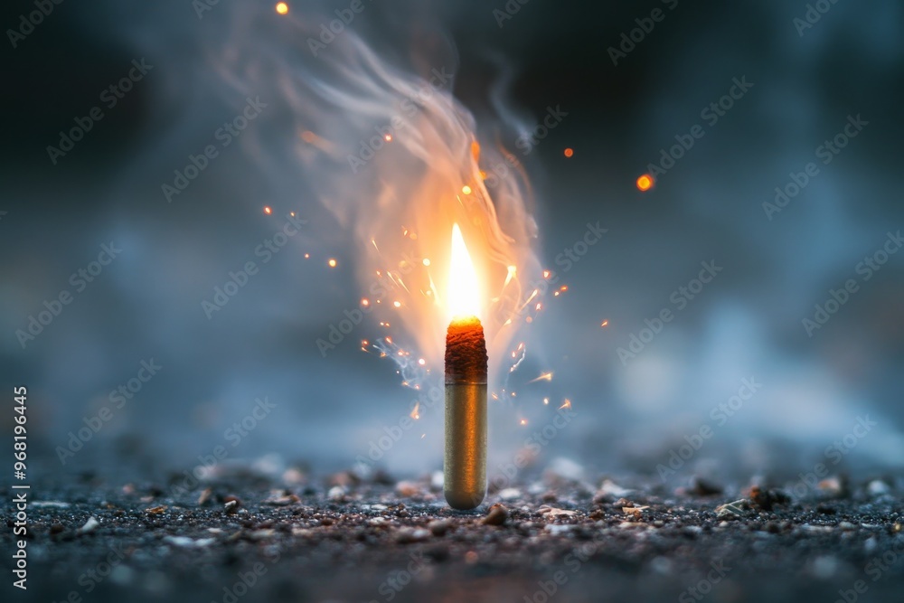 Poster a lit firecracker on the ground emits vibrant flames and smoke, creating a dramatic visual with spar