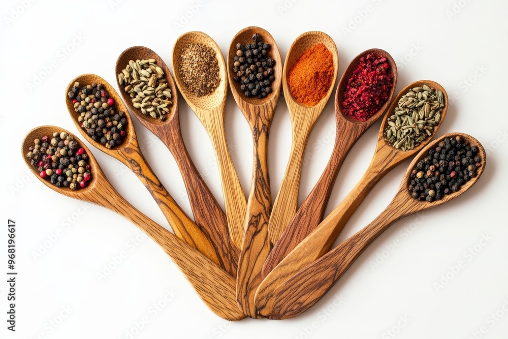 Poster Numerous wooden spoons containing different spices are displayed in a fan arrangement, showcasing the vivid colors and textures of the seasonings on a white backdrop.
