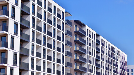 Modern architecture of urban residential apartment building. Apartment building exterior, residential house facade.