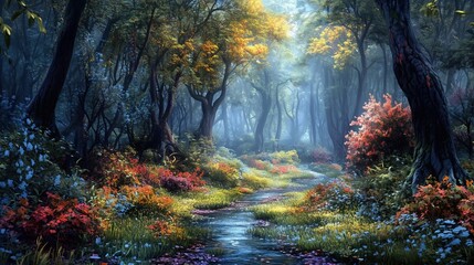 A beautiful fairytale enchanted forest with big trees