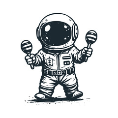 Cute astronaut playing maracas. Black white vector. Icon and logo illustration.