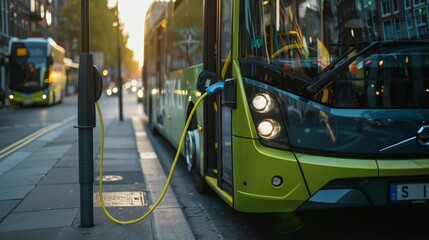 Electric bus charging at public station on city street with another bus in background