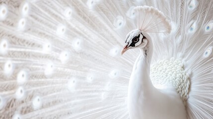Fototapeta premium A majestic white peacock with its feathers spread