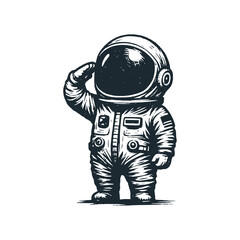 Cute astronaut with salute gesture pose . Black white vector icon and logo illustration.