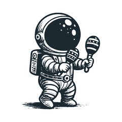 Cute astronaut playing maracas. Black white vector. Icon and logo illustration.