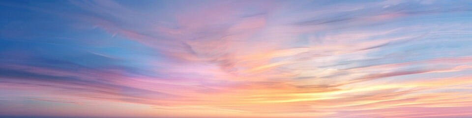 Fototapeta premium Pastel Sunset Sky Panoramic Capture Featuring Soft Pink, Golden, and Blue Tones with Long Stratus Clouds on the Horizon, Showcasing a Serene Skyscape in Gentle Hues of Nature's Beauty.