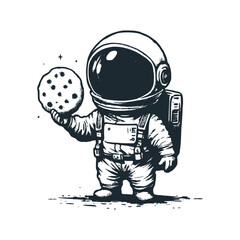 Cute astronaut hold a khubs pitta Flatbread. Black white vector icon and logo illustration.