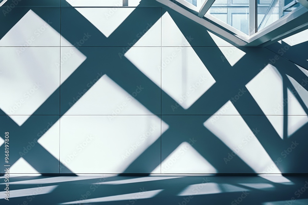 Aufkleber Diagonal shadows created by an intricate architectural framework cross over a smooth wall, resulting in an abstract composition that plays with light and geometry in a modern style.