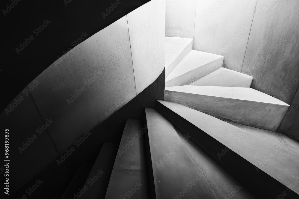 Fototapete a black and white image of a geometric concrete staircase, capturing the interplay of light and shad