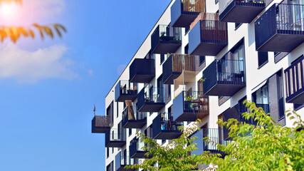 European residential architecture harmonizing with nature. Eco-friendly living in city with greens....