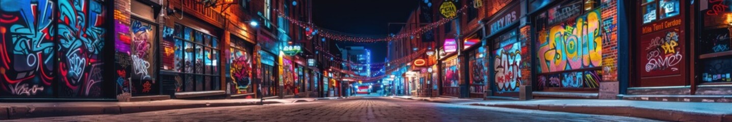 Obraz premium Urban alley at night filled with vibrant graffiti, capturing the essence of street art. Free copy space for banner.