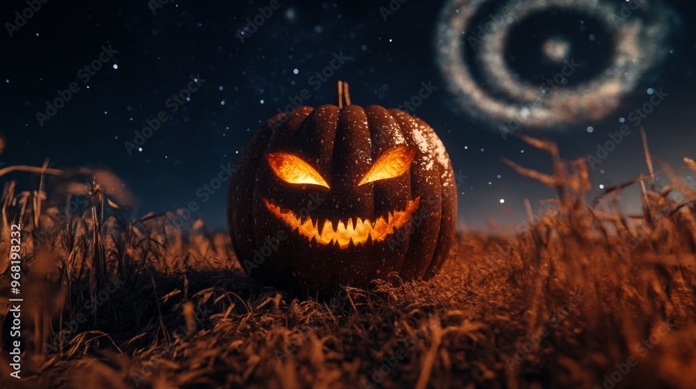 Poster A Carved Pumpkin With Glowing Eyes in a Field at Night