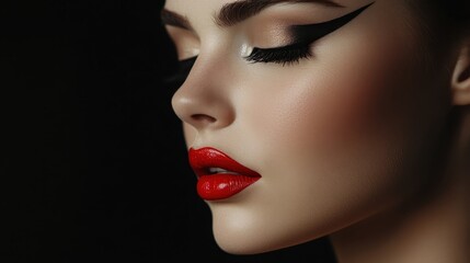 Elegant woman with dramatic makeup, featuring bold eyeliner and vibrant red lipstick, closed eyes, on a black background.