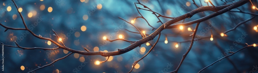 Poster magical winter scene with twinkling string lights on a tree branch, creating a warm and festive holi