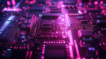 Obraz premium High-tech circuit board closeup with glowing pink and blue lights, representing advanced technology and innovation.