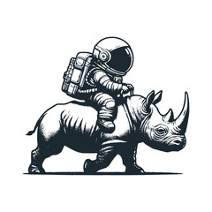 Cute astronaut riding a rhino. Black white vector. Icon and logo illustration.